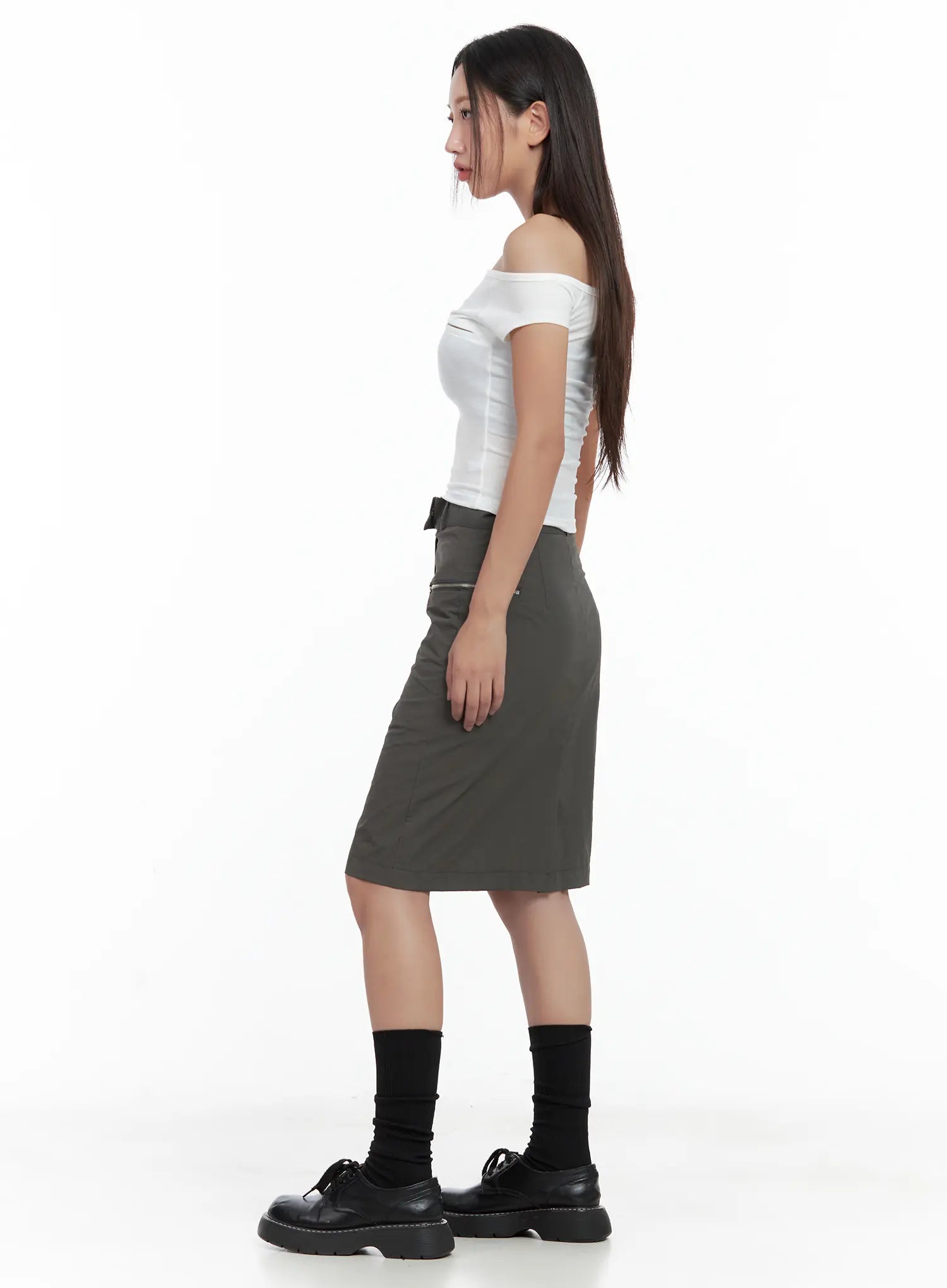 Nylon Zip Midi Skirt CL509